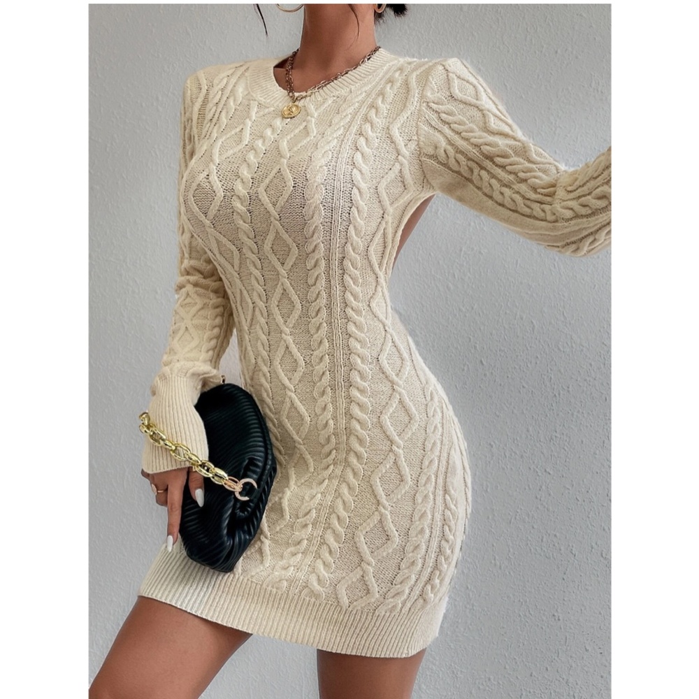 Beige Sweater Dress Cable Knit Backless Round Neck Long Sleeve Short - Picture 5 of 9